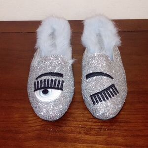 Chiara Ferragni Silver Glitter Winking Eye Flirting Maribu Mules ~ Size 7.5 - 8